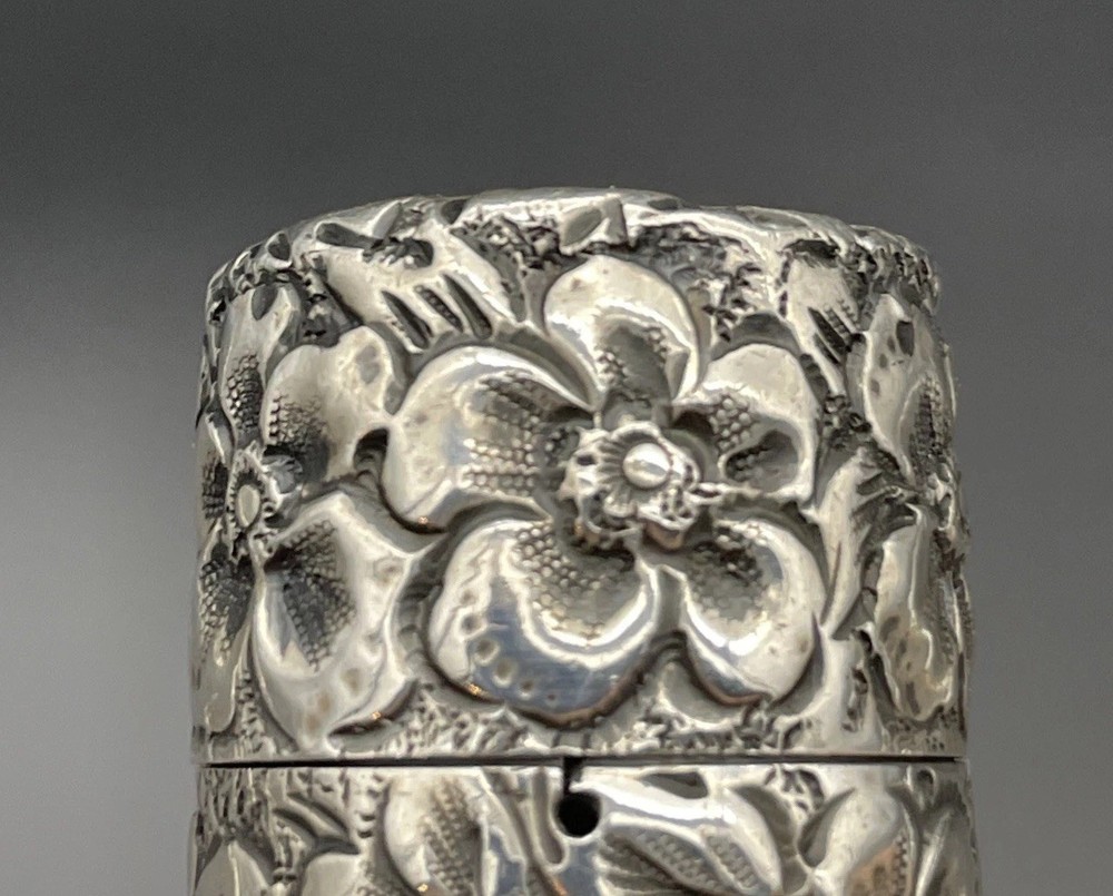 Sterling Silver Floral Repousse Thread Box / Holder 19th Century
