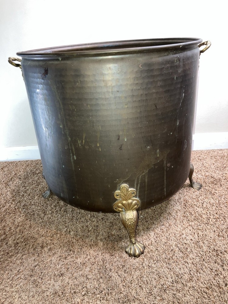 Large Vintage Footed Brass Fireside Coal Bin Log Box Bin Coal Scuttle Purdonium