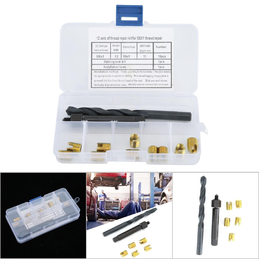 12pcs M6x1 Thread Repair Kit Self Tapping Thread Insert Twist Drill Bit Inst CST