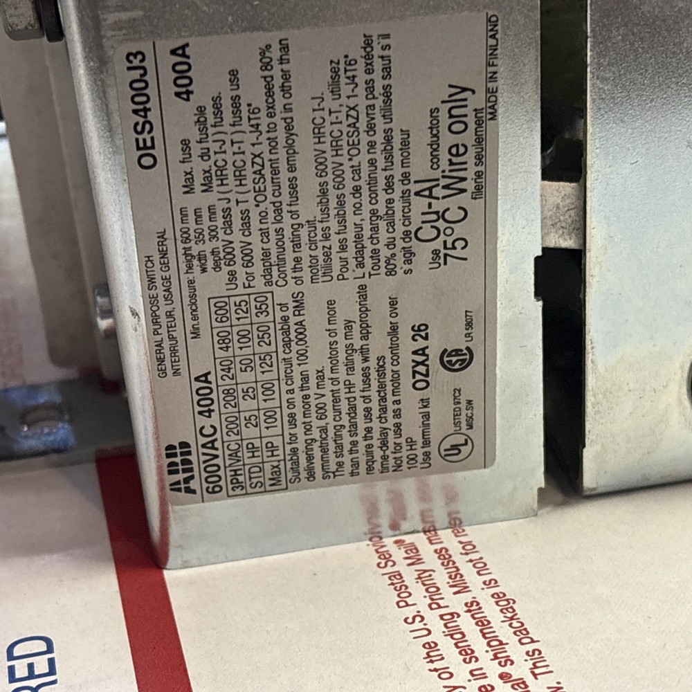 ABB OES400J3 General Purpose Disconnect Switch 600VAC 400A 3Phase
