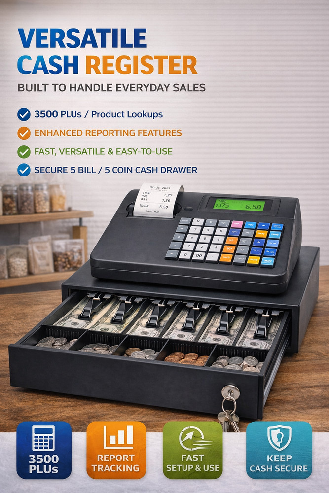 Cash Register with Receipt Printer and Dual Display, Includes Starter Roll