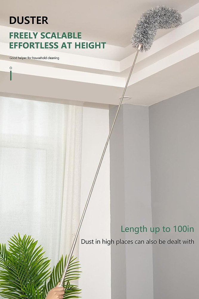 Extra-Long Dusters Extension Pole for Cleaning, Bendable Microfiber Head 100"