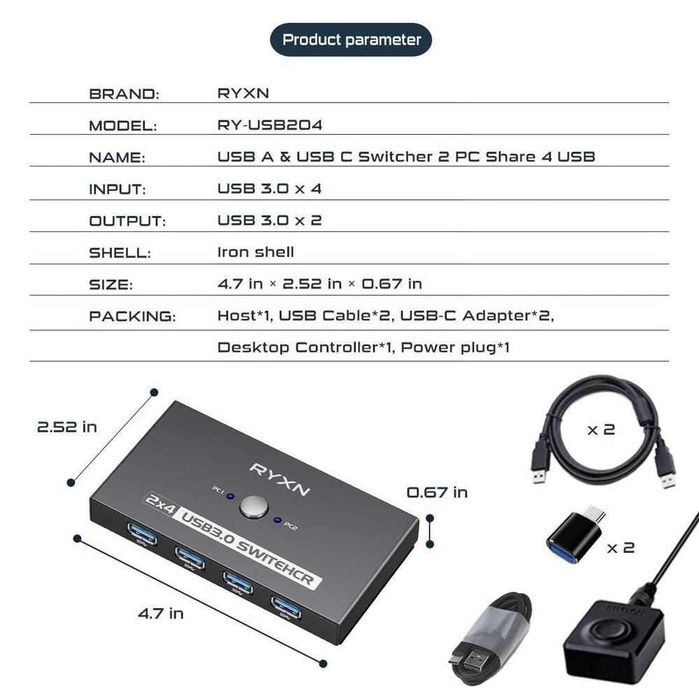 USB Switcher 2 Computers, USB C Switch 2 Computers Share 4 USB 3.0 Devices, w...