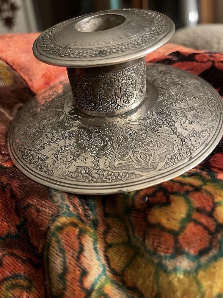 Silver antique Persian Candle Holder Floral Script solid silver 4 oz 39 gm