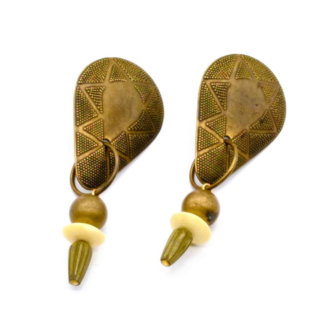 Brassy Festival Vintage Earrings, Dramatic Dangle Drop
