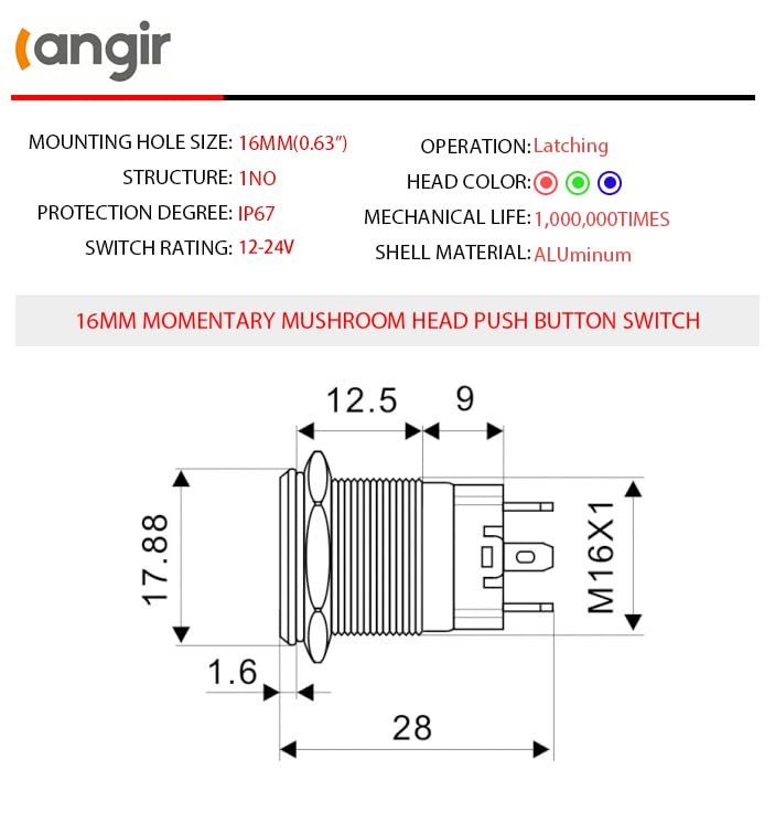 15Amp Push Button Switch，(0.63") 12V-24V Latching Push Button Switch 16mm Red