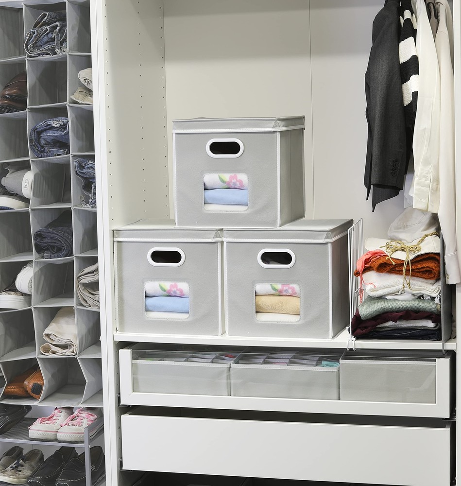 Re 3pack 12inch Clear Window Cube Storage Bin With Lid Grey