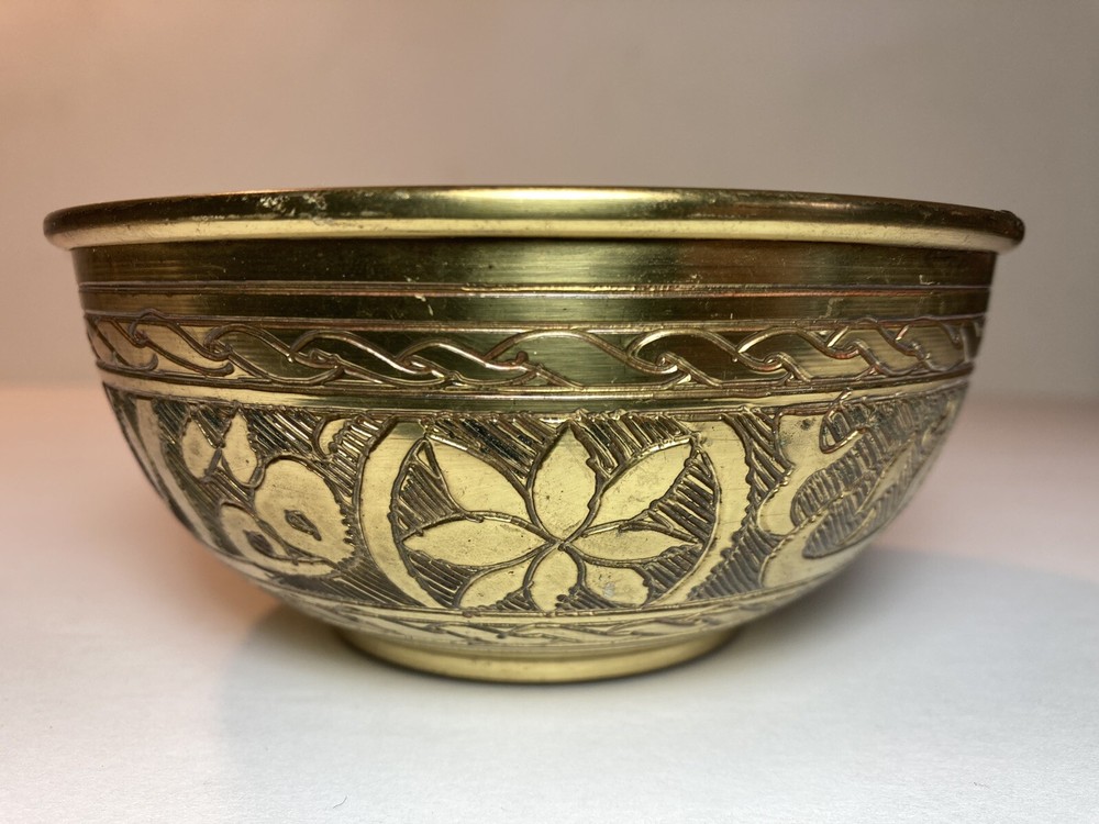 Vintage Handmade Brass Bowl Middle Eastern Signed 4.75”