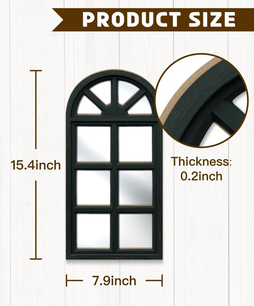 Set of 2 Arched Window Frame Wall Decor with Acrylic Mirror Rustic Decorative...
