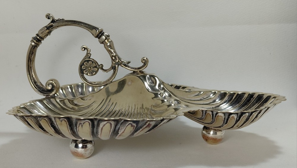 Antique Silverplate 3 Compartment Scallop Shell Seashell Handled Serving Dish