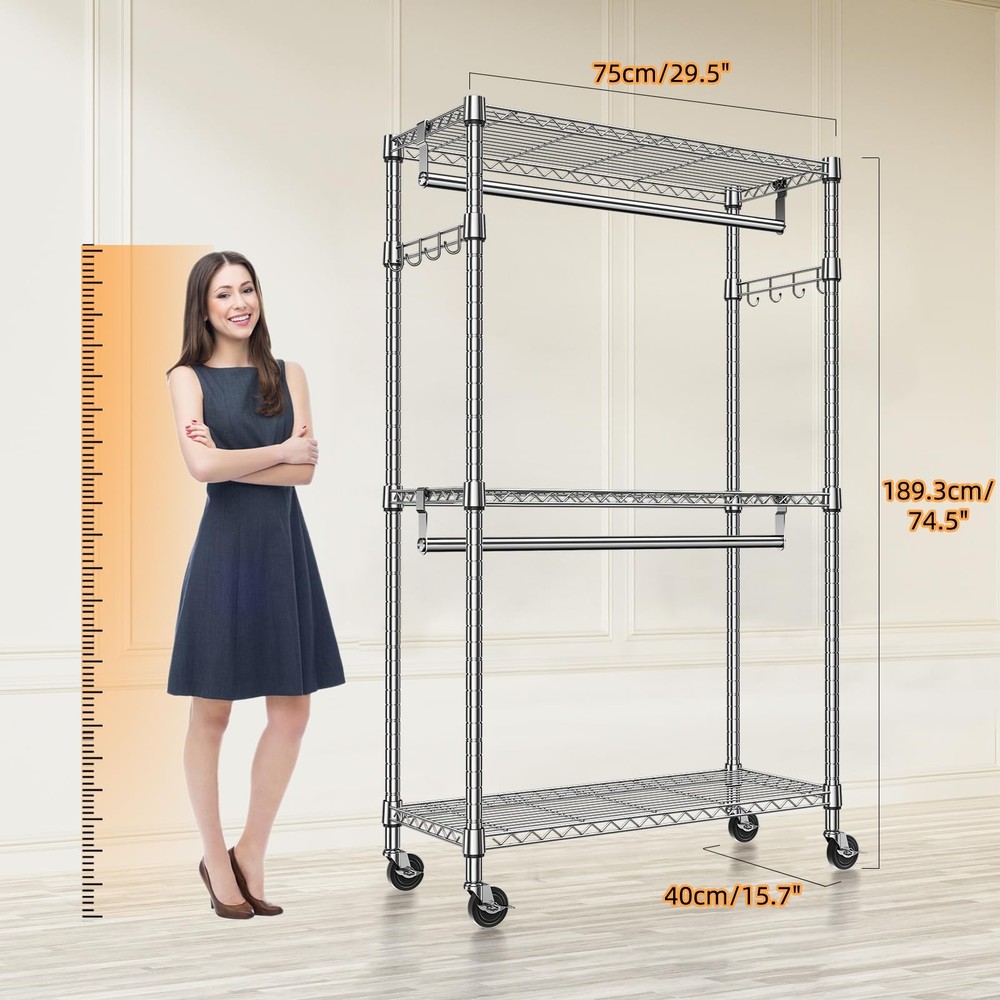 Heavy Duty Rolling Garment Rack 3 Tiers Adjustable Wire Shelving Clothes Rack...