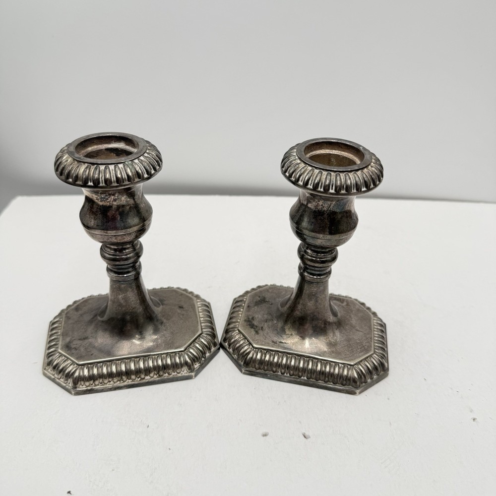 5” Sheffield Silver Co Silverplate Candlesticks Made Italy Heavy Classic EUC