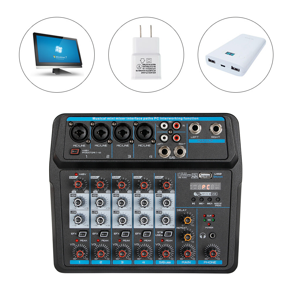 6 Channel Mixer Studio Audio Live Sound Mixing Console Amplifier Bluetooth USB