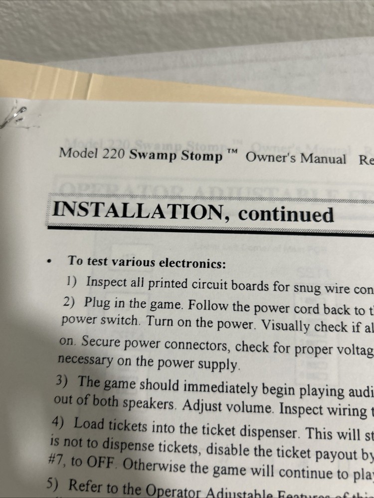 Swamp Stomp Arcade Game OWNERS manual