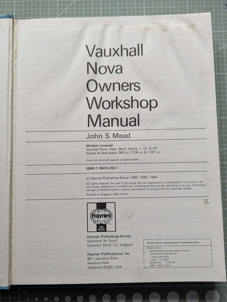 Vauxhall Nova (1983-1986) Haynes Workshop Manual
