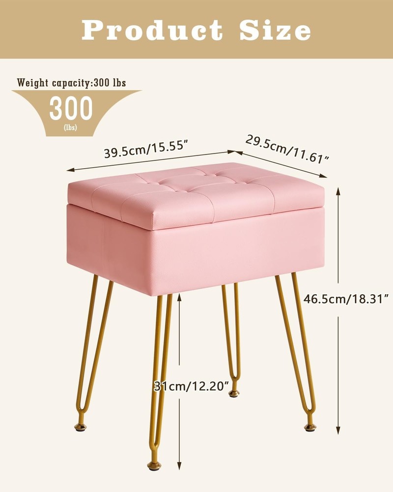 Multifunctional Storage Vanity Stool W/ Flip Tabletop Adjustable Metal Legs & PU