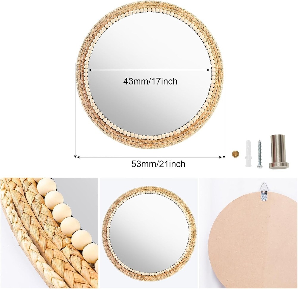 21 Inch Boho Round Hanging Wall Mirror Decorative Rattan Circle Wall