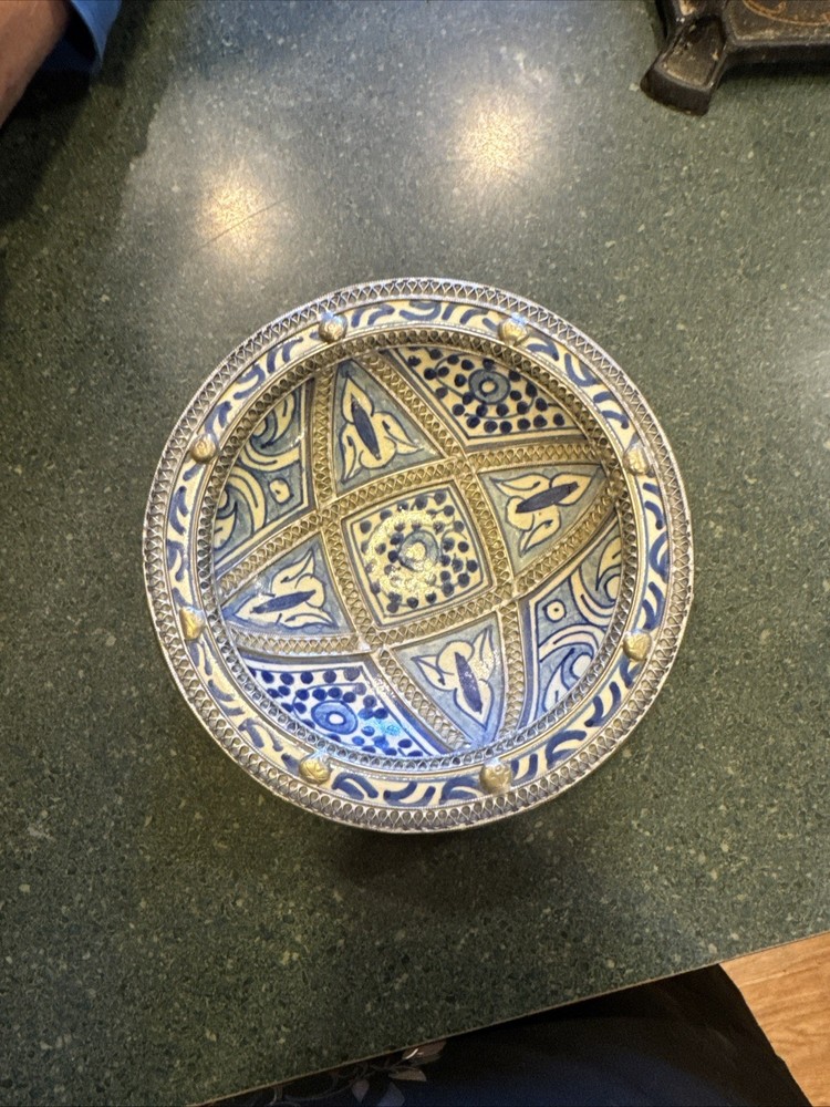 Vintage Moroccan Hand Painted Blue White Ceramic Plate with Silver Filigree