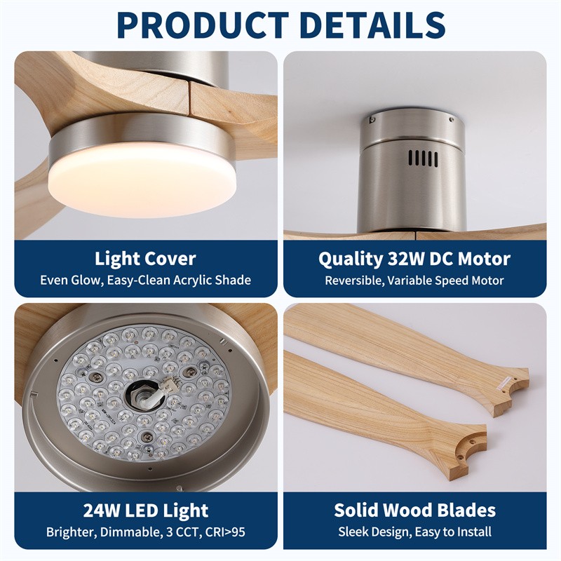 52" Modern Flush Mount Solid Wood Ceiling Fan Reversible w/Wall Switch/Remote