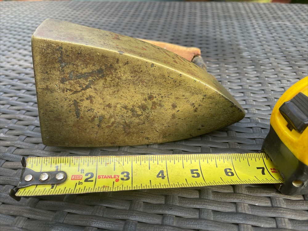 Antique German Brass Sad Iron Press Hot Coal Charcoal Flat wodden Handle