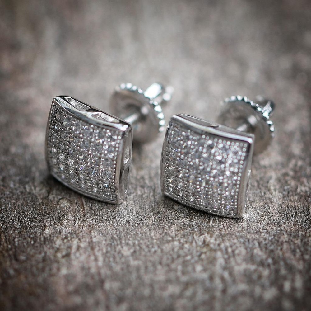 Small Hip Hop Silver Men's Stud Screw On Back Cz Earrings