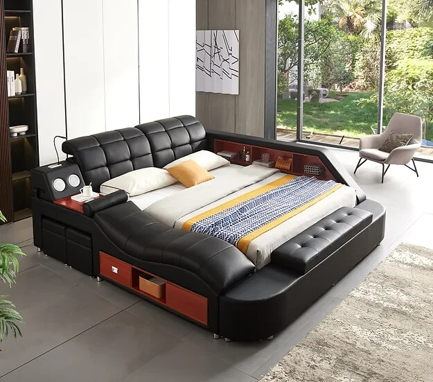 Multifunction Storage bed with bluetooth speaker, massage lounge Italian leather