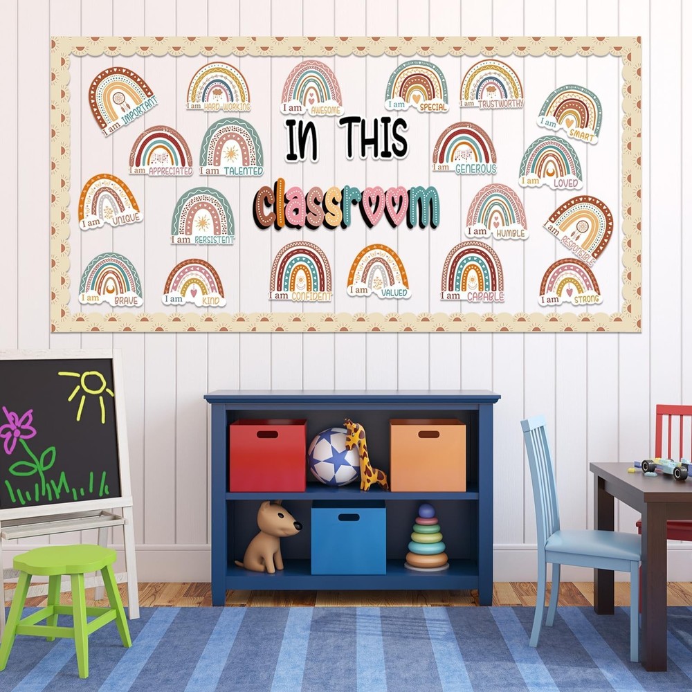 Bulletin Board Decorations, Boho Classroom Decor Set, 43 Pack Boho Rainbow Mo...