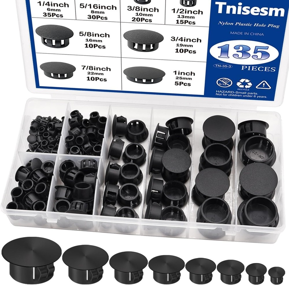 135Pcs 8 Sizes Nylon Plastic Hole Plugs Black Round Drill Hole, Flush Type Panel