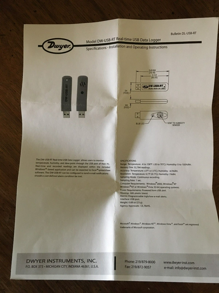 Dwyer DW-USB-RT Real Time USB Data Logger Temp, humidity, dew point