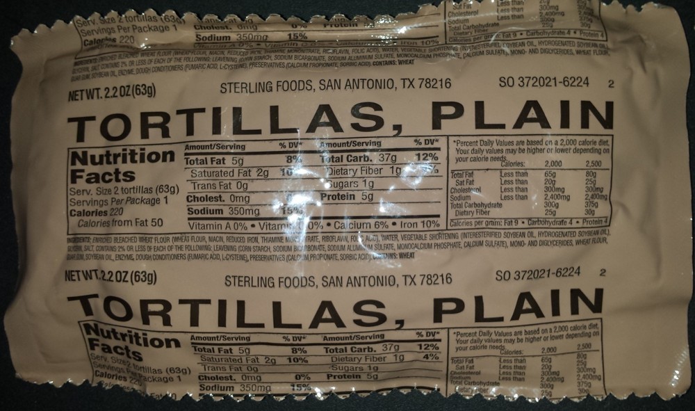 4 Pack MRE Flour Tortilla Side Dish: Plain, Chipotle or Combo / MRE Entrée