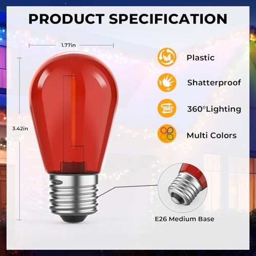 S14 Colored LED String Light Bulbs, 1W Plastic 15 Pack Multi-colored