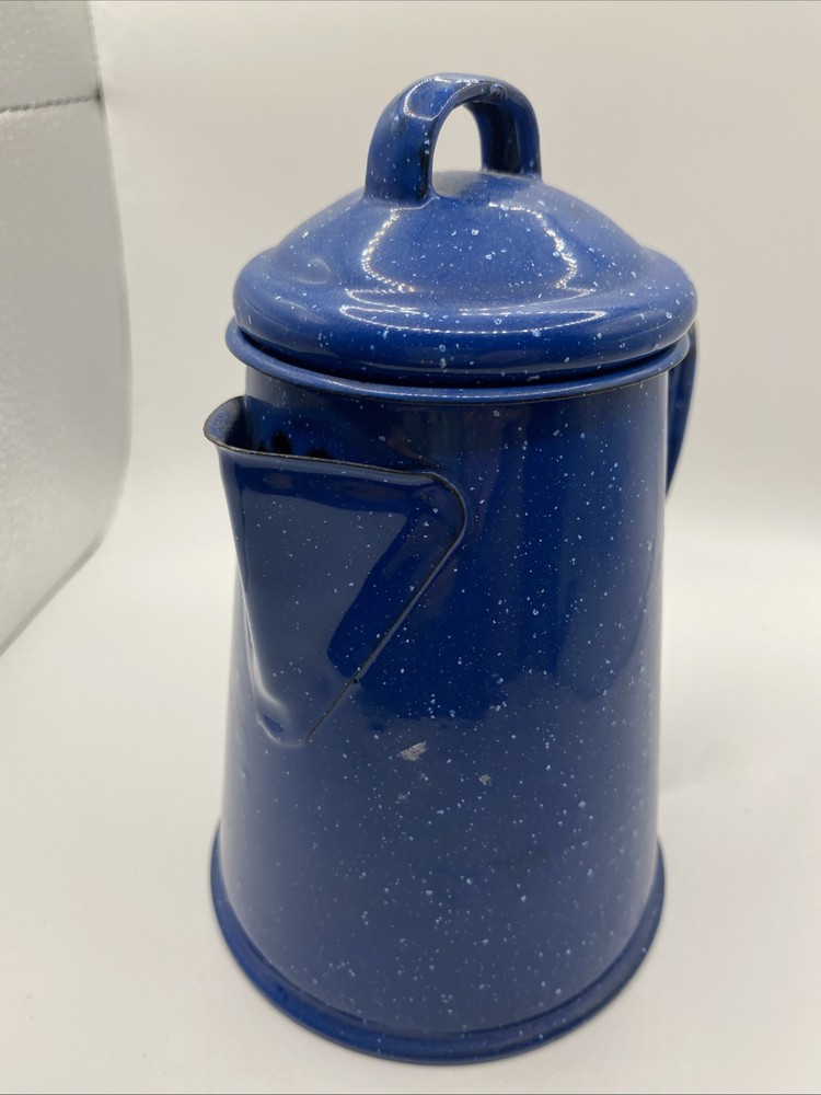 Speckled Enamelware Coffee Pot 7" Blue & White cook camping VNTG