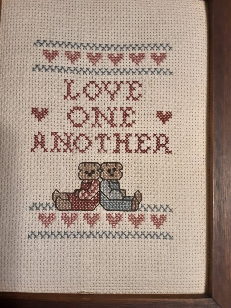 Framed finished Cross Stitch Love One Another