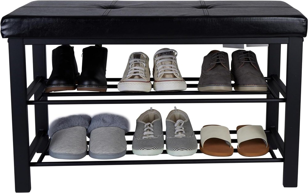 Simplify Storage Bench, Shoe Rack, Ottoman, Tufted, Padded Seating for Black