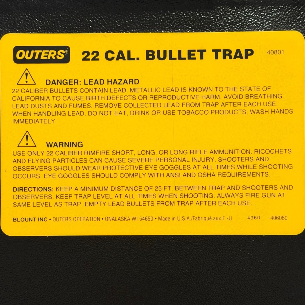 Outers 22 Cal Bullet Trap Rimfire Only Shooting Range Target