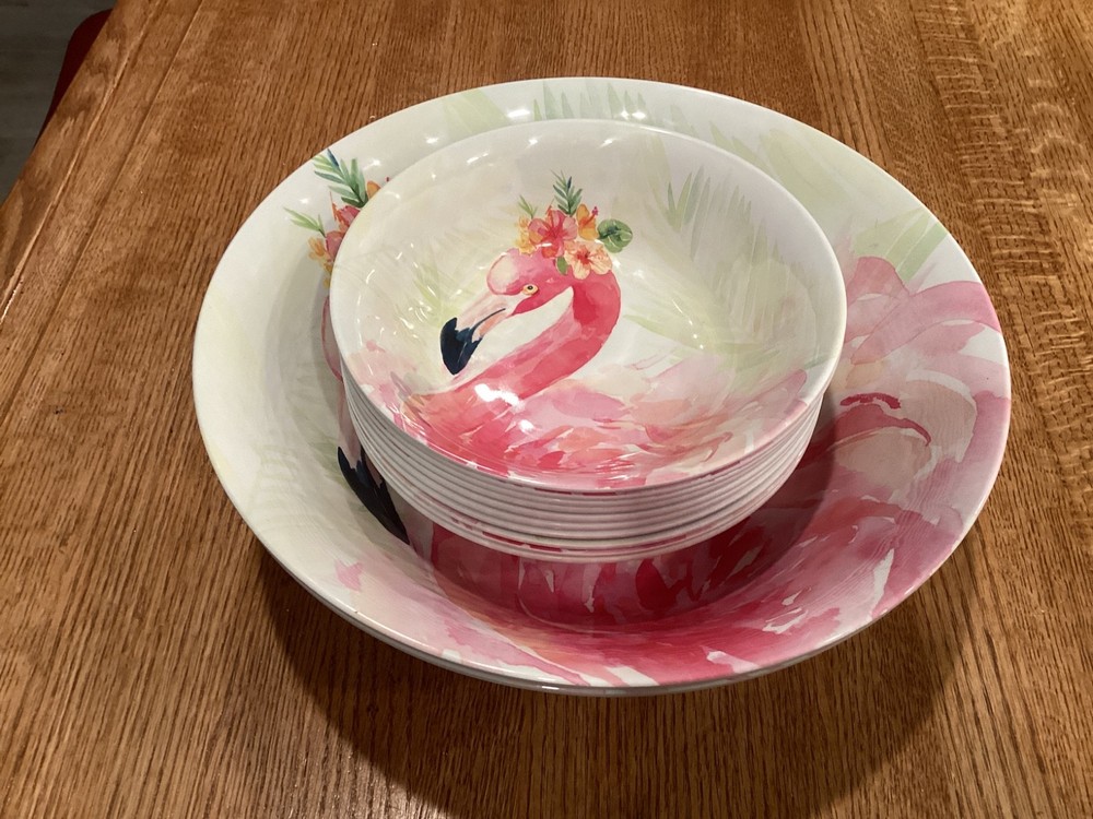 Flamingo Serving Bowls. 2 Large, 10 Small