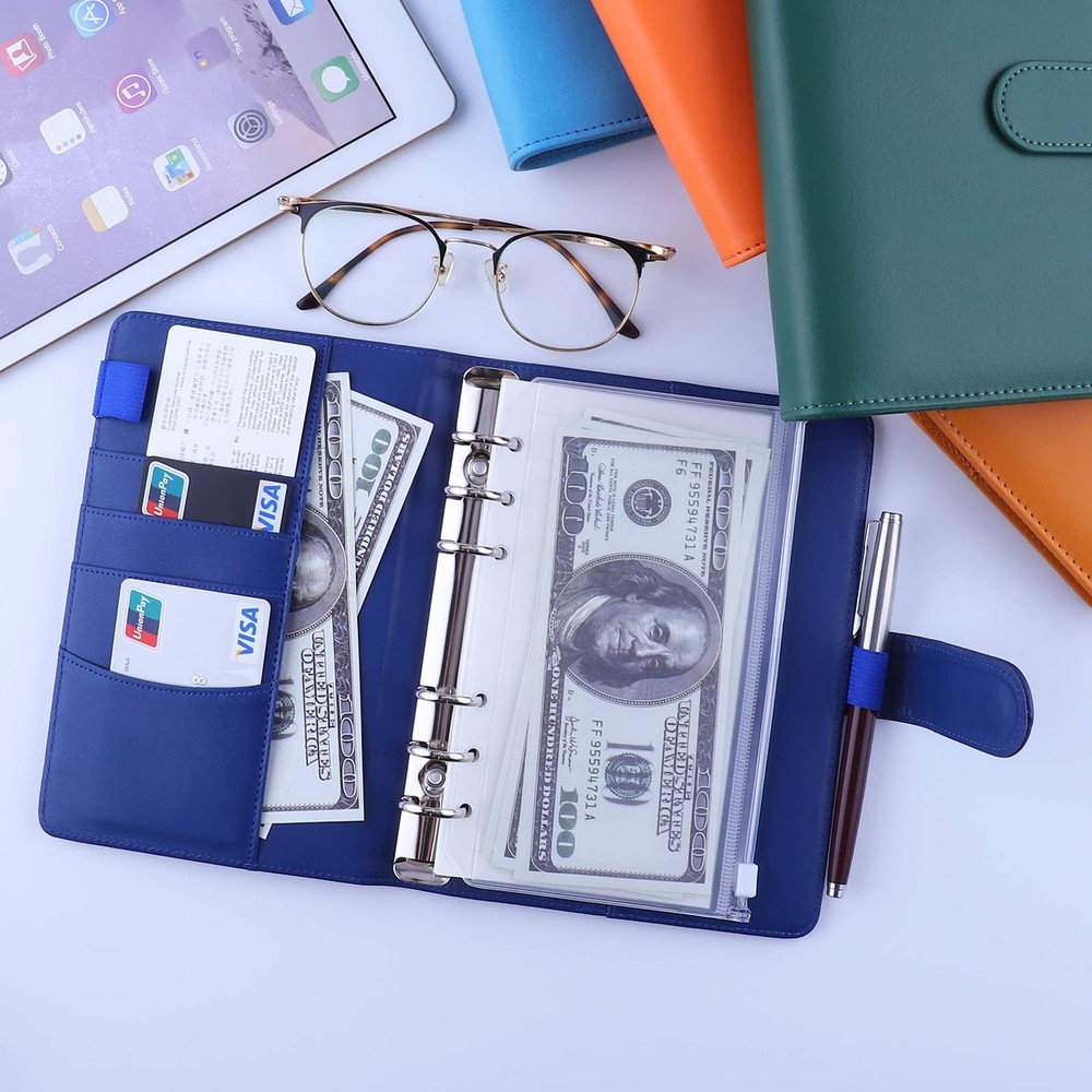 Antner A6 PU Leather Budget Binder - Refillable 6 Ring Notebook A6, Navy Blue