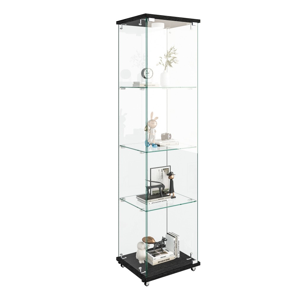 Glass display cabinet with LED lighting, glass doors, and remote control