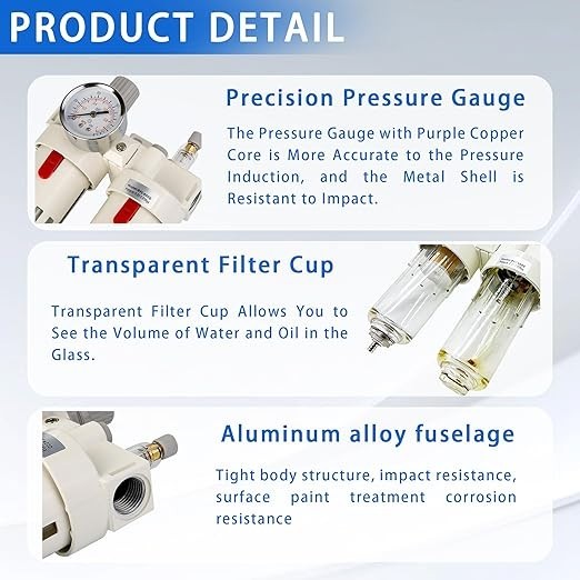 1/2" NPT Compressed Air Filter Regulator Combo, 5 Micron Brass Filter