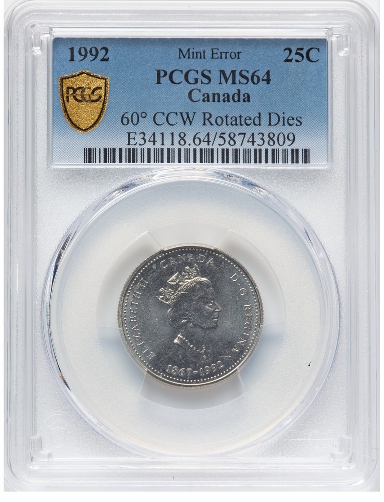 Error - 1992 Canada 25 Cents NWT 60 Degrees CCW Rotated Dies PCGS MS64