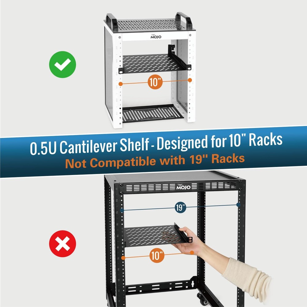 Tecmojo 0.5U Rack Mount Shelf for 10" Server Rack, 10.23" Deep 0.5U, Black