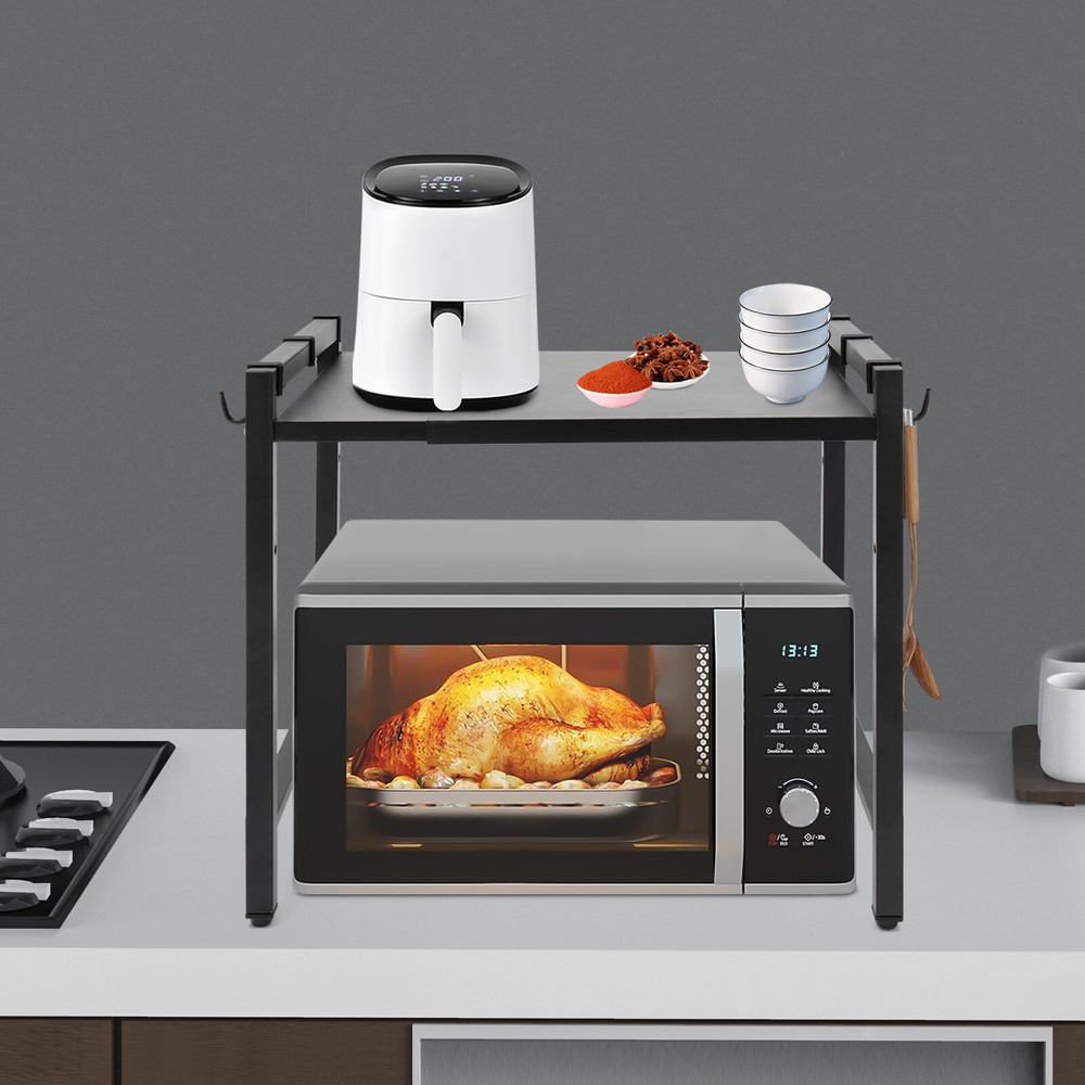 Adjustable Microwave Stand Black Oven Shelf Kitchen Countertop Organizer W/ Hook