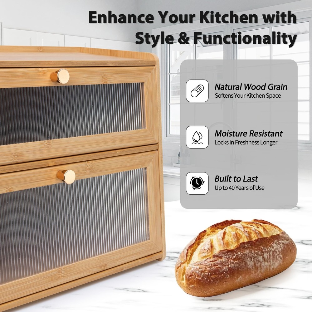 Bamboo Bread Box 2 Layers for Kitchen Counter-Large Capacity Bread Storage Co...