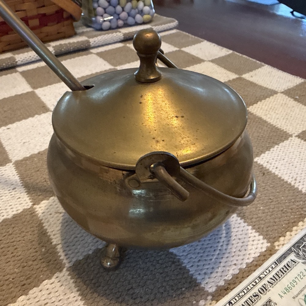 Vintage Brass fire Starter Smudge Pot With Lid & Handle. Complete