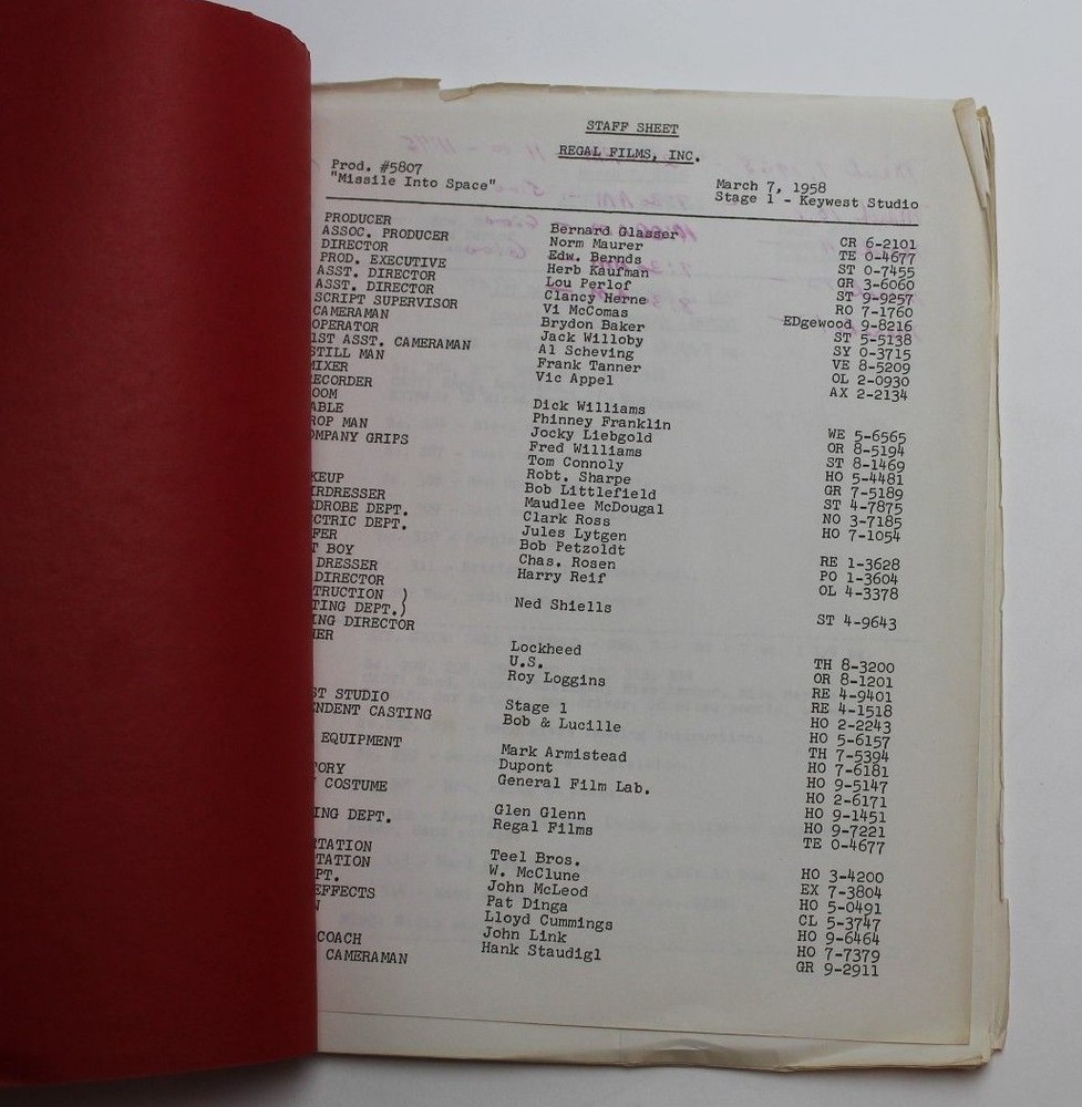 SPACE MASTER X-7 / 1958 SHOOTING SCHEDULE used by Actress Lyn Thomas, Sci Fi