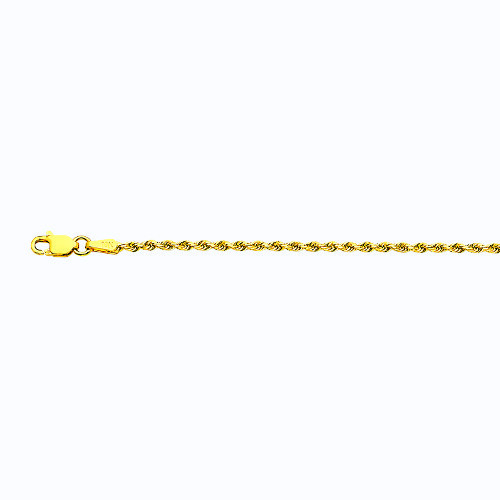 10k Yellow Gold 2mm Solid D/cut Rope Chain Bracelet Size 7"-9"