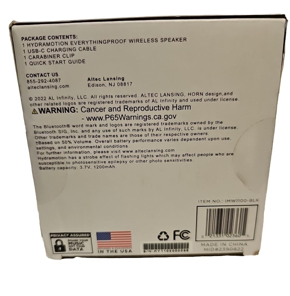 New Altec Lansing Hydramotion Waterproof Wireless Portable Bluetooth Speaker