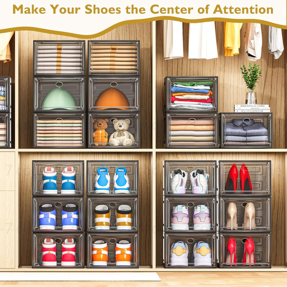 Stackable Clear Shoe Storage Organizer with Magnetic Door, 6 Pack, Black