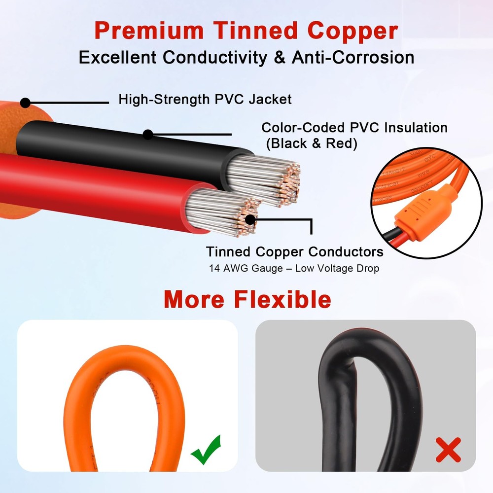 XRDS -RF Solar Extension Cable 25FT, 14AWG Tinned Copper with Solar Panel Connec