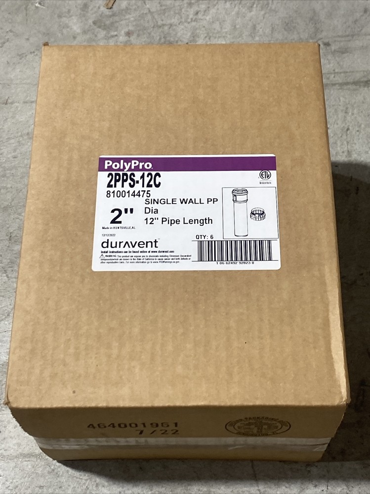 Duravent PolyPro 2PPS-12C 2” Single Wall PP 12” Pipe Length Qty:6 New